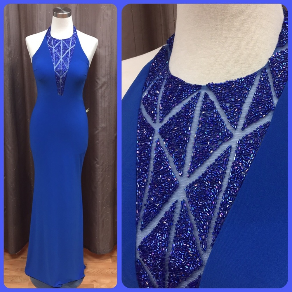 Royal Blue Beaded Halter Prom Dress